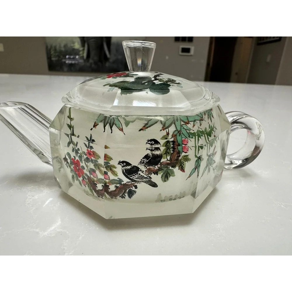 Vintage Cut Glass Miniature Tea Set‎ Teapot 4 Cups Bird Floral Motif Chinoiserie